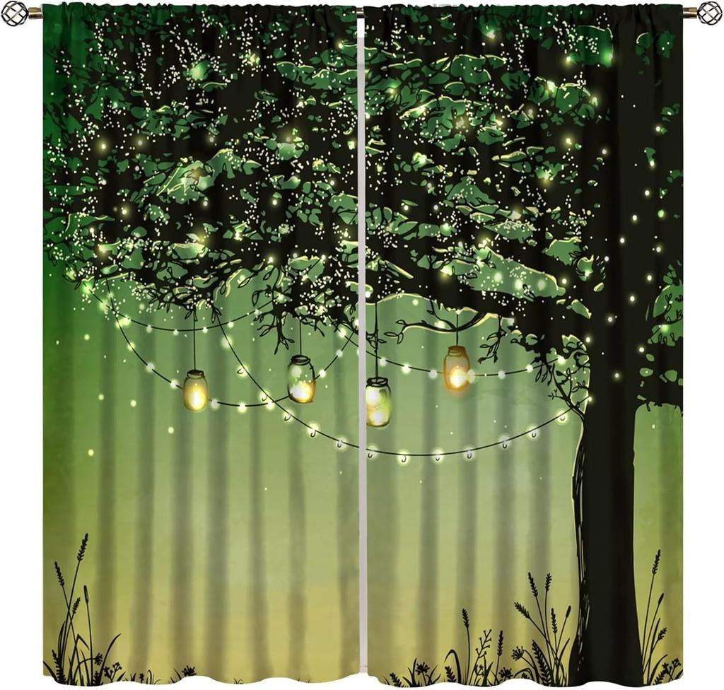 Fantasy Forest Blackout Curtains Mysterious Jungle Forest Round Door Pink Rose Pattern Living Room Curtains Kitchen Bedroom