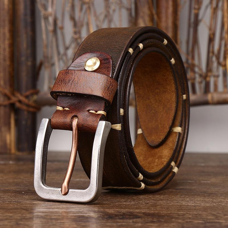 Thick Thread Decorative Genuine Leather Pure Cowhide Personality Trendy Versatile Men's Pin Buckle Jeans Belt