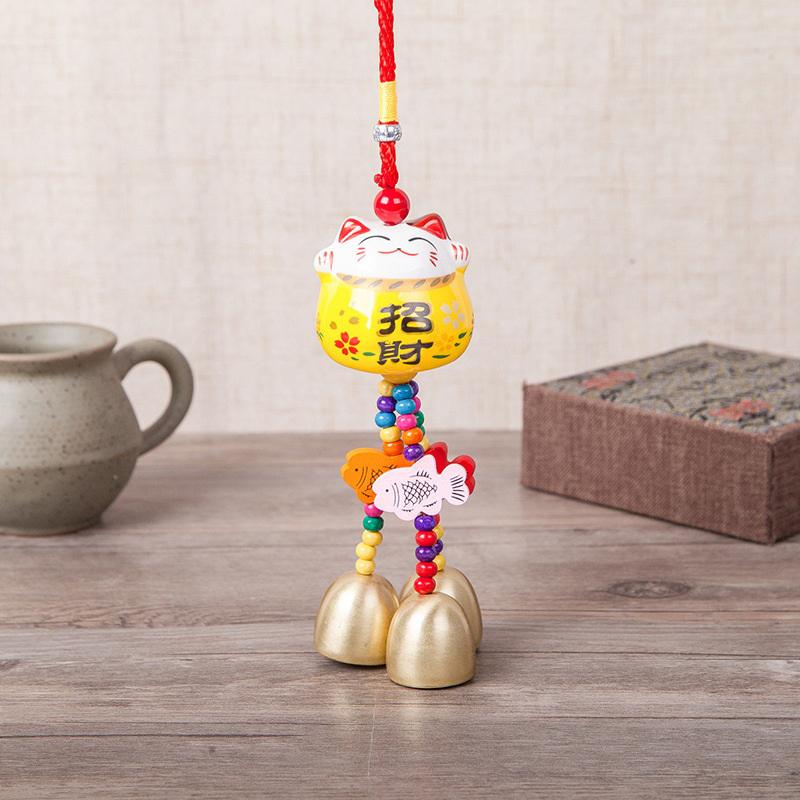 Fortune Cat Ceramic Wind Chimes Hanging Car Charm Garden Charm Decorations Crafts Wind Chimes Metal Bells Good Luck Wind Chimes