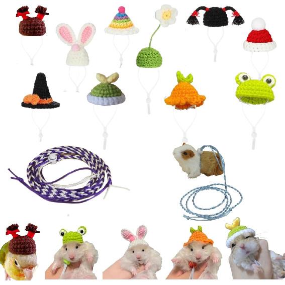 11pcs Hamster Hat, Cute Tiny Mini Hat, Hand Knitted Small Animal Hat and Hand Woven Traction Rope Set for Pets Lizards Hamsters Guinea Pig Holiday