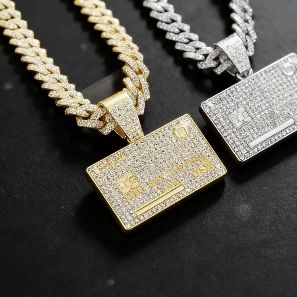 Men's Trendy Streetwear Diamond-Covered Bank Card Tag Pendant Necklace with Cuban Chain