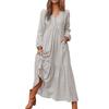 Women Bohemian Cotton Linen Dress Oversized V-neck Long Sleeve Swing Dress Pleated