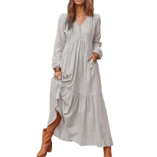 Women Bohemian Cotton Linen Dress Oversized V-neck Long Sleeve Swing Dress Pleated