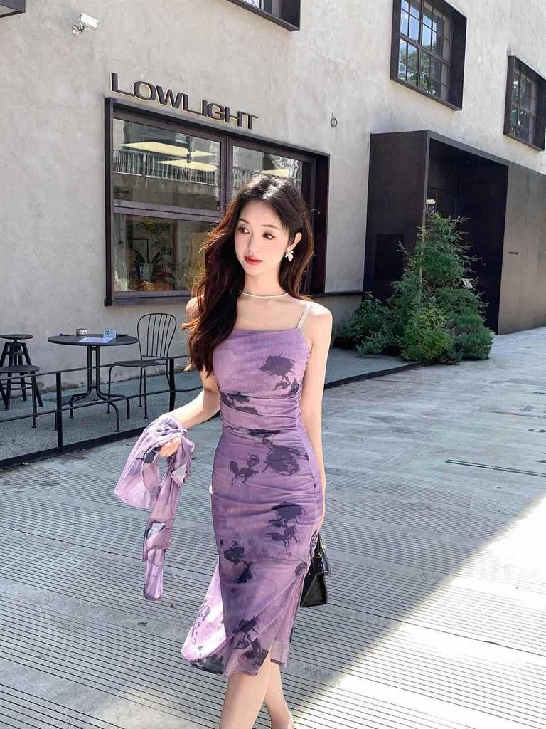 New Chinese spring dress French retro purple ink suspender skirt two-piece set high-end temperament slim dress tide