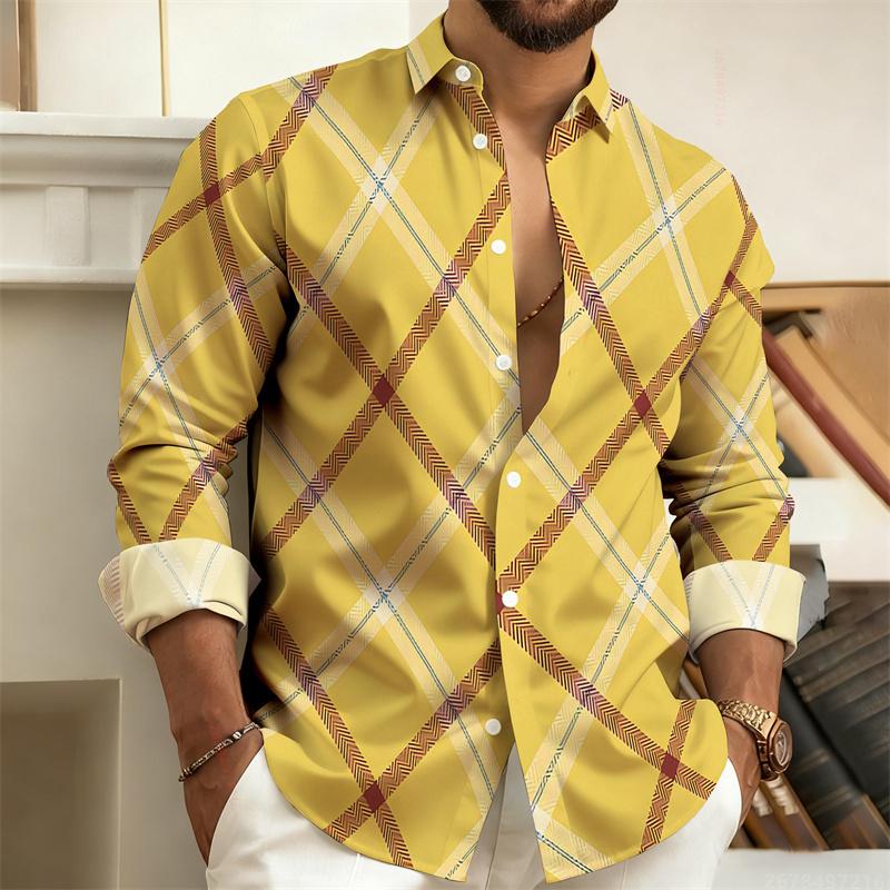 New Men's Shirt with Color Blocking Geometric Stripes, Long-Sleeved, Casual, Outdoor, Street Style, Fashionable Top