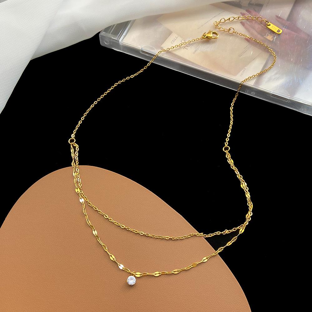 Trendy Stainless Steel Double-layer Chains Choker Necklace Bohemia CZ Crystal Pendant Necklace For Women