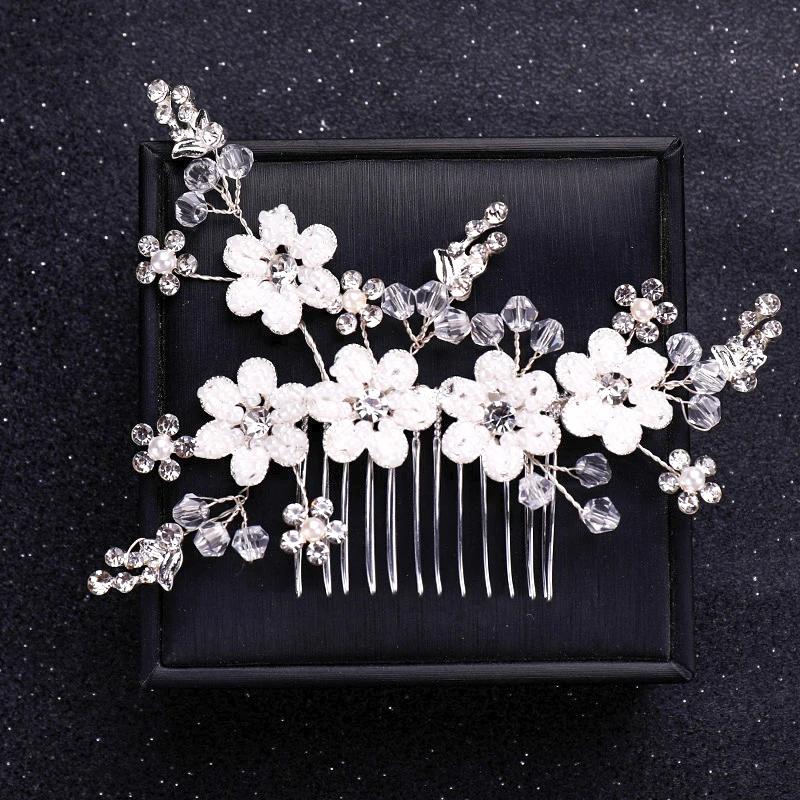 Handmade Silver Crystal Flower Hair Comb Pearl Rhinestone Flower Hair Combs for Women Bride Hair Jewelry Wedding Hair Accessorie