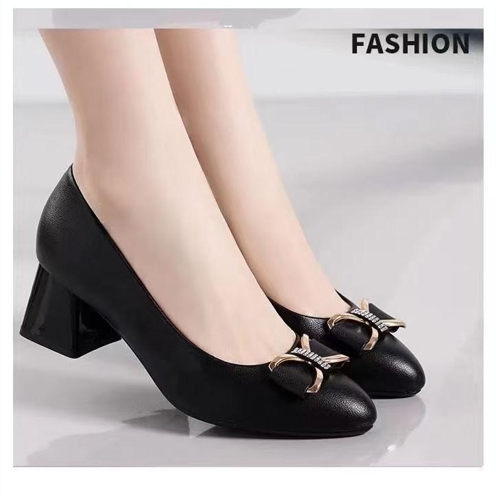 Coarse heel leather single shoes new middle heel leather shoes soft leather soft sole high heels