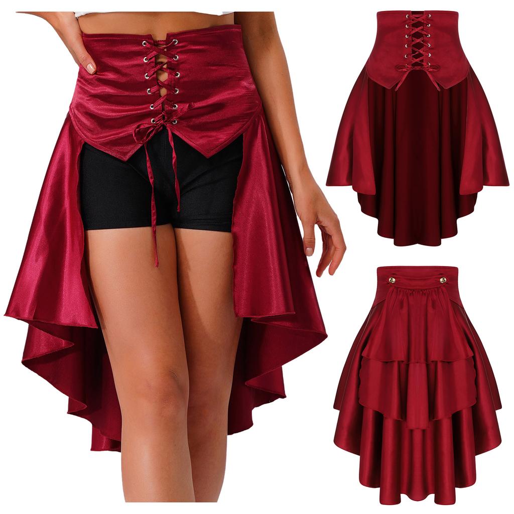 S-3XL Womens Gothic Steanpunk Satiny Skirt Front Eyelets Lace-up High-low Hem Tiered Ruffled Irregular Hem Skirt Waist Belt