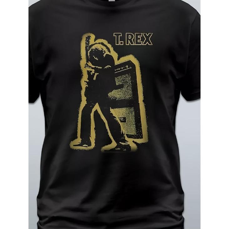Men S T-Rex Electric Warrior Graphic T-Shirt - Mark Poland Dino Dinis Design, Heavy Stretch Fabric, Loose Fit Vintage Rock Band Tee with T-Rex S чёрный
