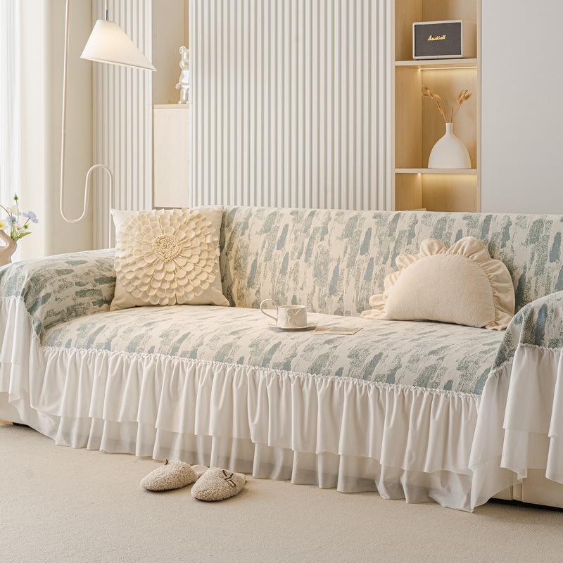 1pcs French Irregular Printed Sofa Cushion Chiffon Skirt Edge Sofa Blanket Anti Slip and Cat Scratch Resistant Bench Cloth Machine Washable Non-deform