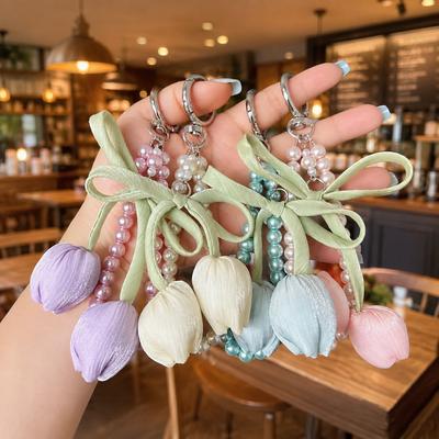 Fresh Tulip Beaded Wrist Strap Bowknot Pearl Elegant Fabric Flower Phone Lanyard Sweet Bag Pendant Key Chains Bag Charm