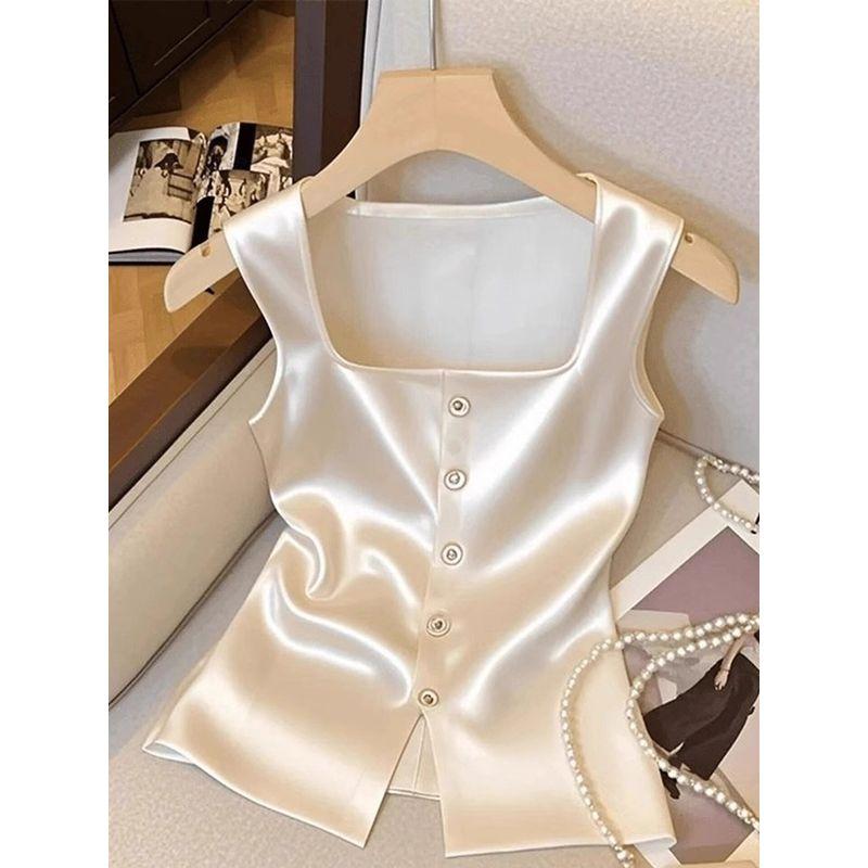 

French-Style Elegant Square-Neck Buttoned Satin Sleeveless Tank Top, New Summer Fashion, Age-Reducing Versatile Black Top Apricot color S
