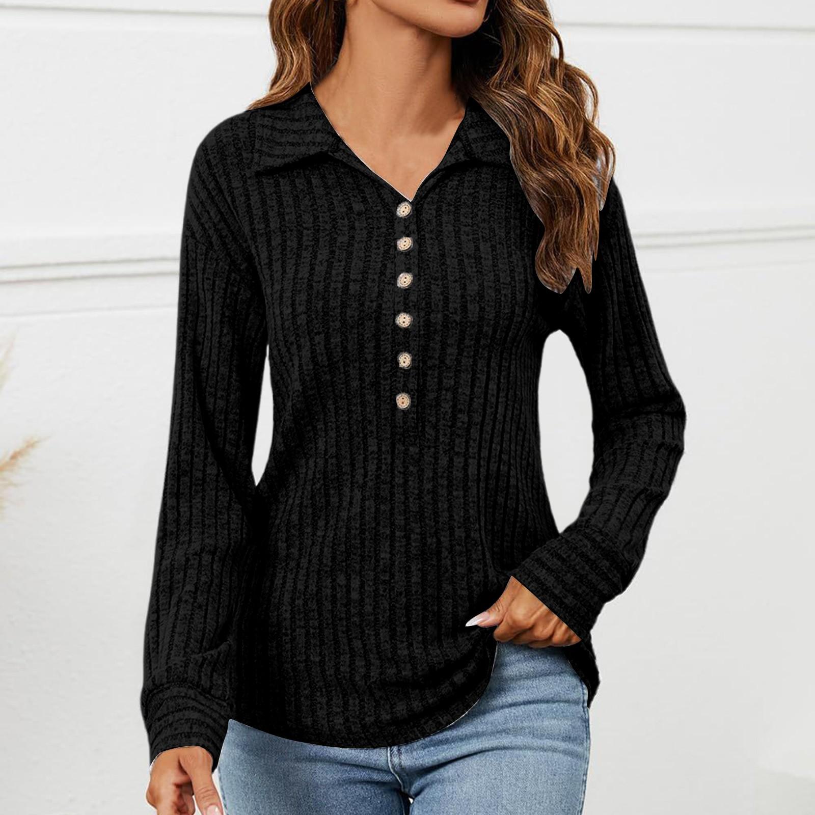 

Женский повседневный однотонный топ с V-образным вырезом, матовым покрытием, удобными мешковатыми лацканами и длинными рукавами L чёрный