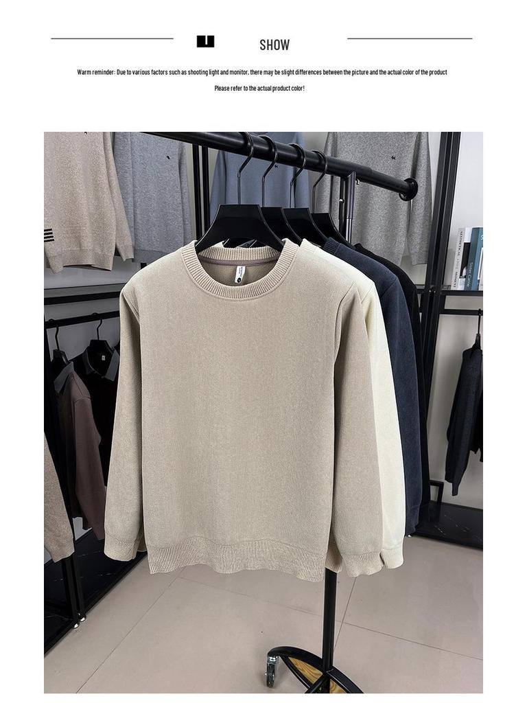 Men's Winter Warm Velvet Knit Pullover Sweater - Solid Color, Round Neck, Versatile Layer