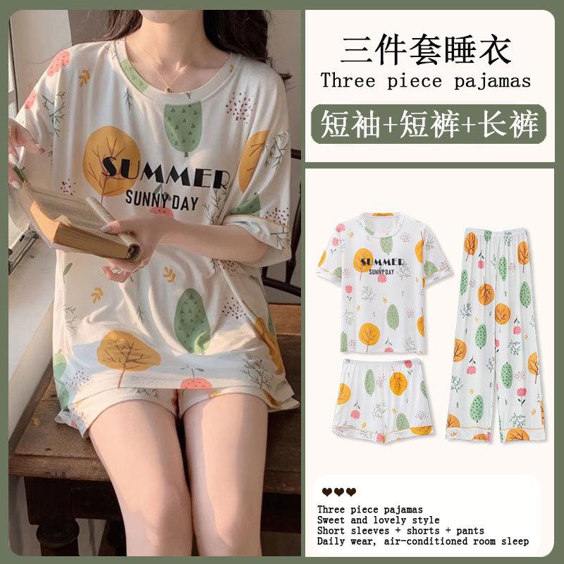 Summer Korean Sweet Pajamas Women's Crew Neck Short-sleeved Three-piece Comfortable Women's Loungewear Spot Straight Hair