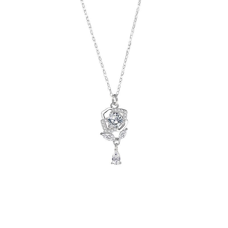 Rose Water Drop Clavicle Necklace: 999 Sterling Silver Floral Zirconia Pendant, Mori Style.