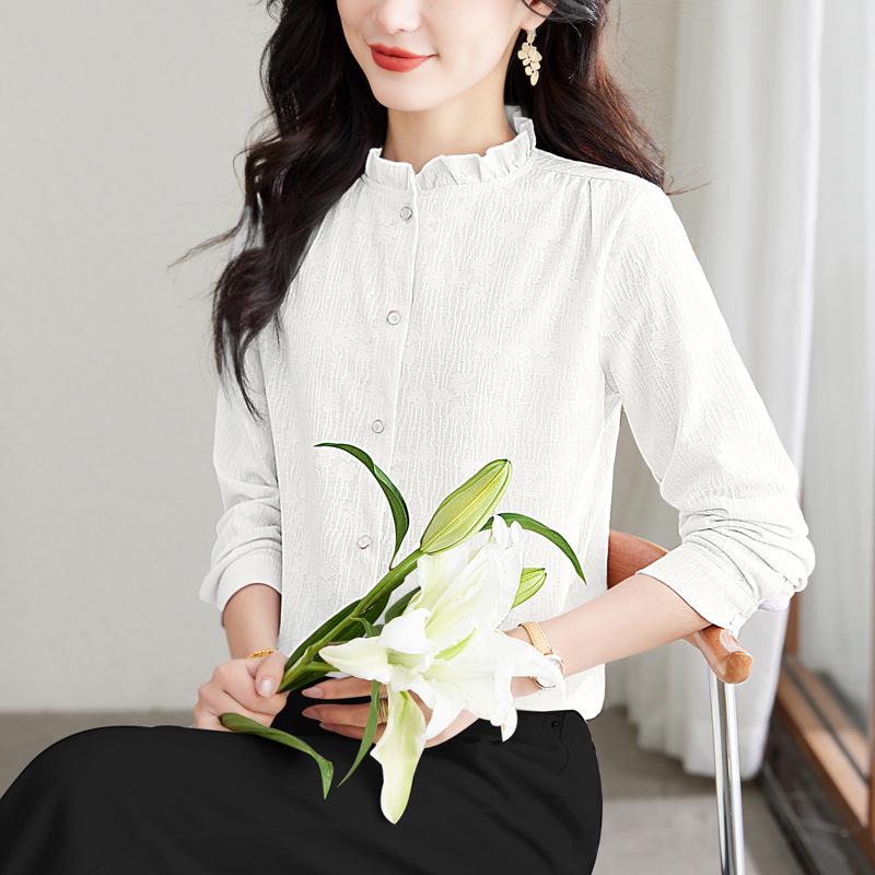 Spring 2025 Ruffled Stand Collar Jacquard Women's Long Sleeve Top