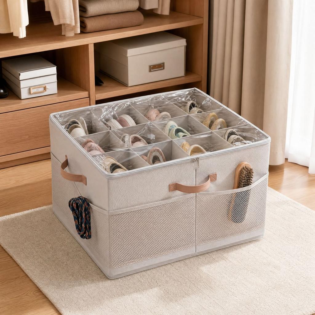 Shoe Box with 12/16/20 Grids, Large Capacity Slipper and Shoe Storage Container for Closet, Home