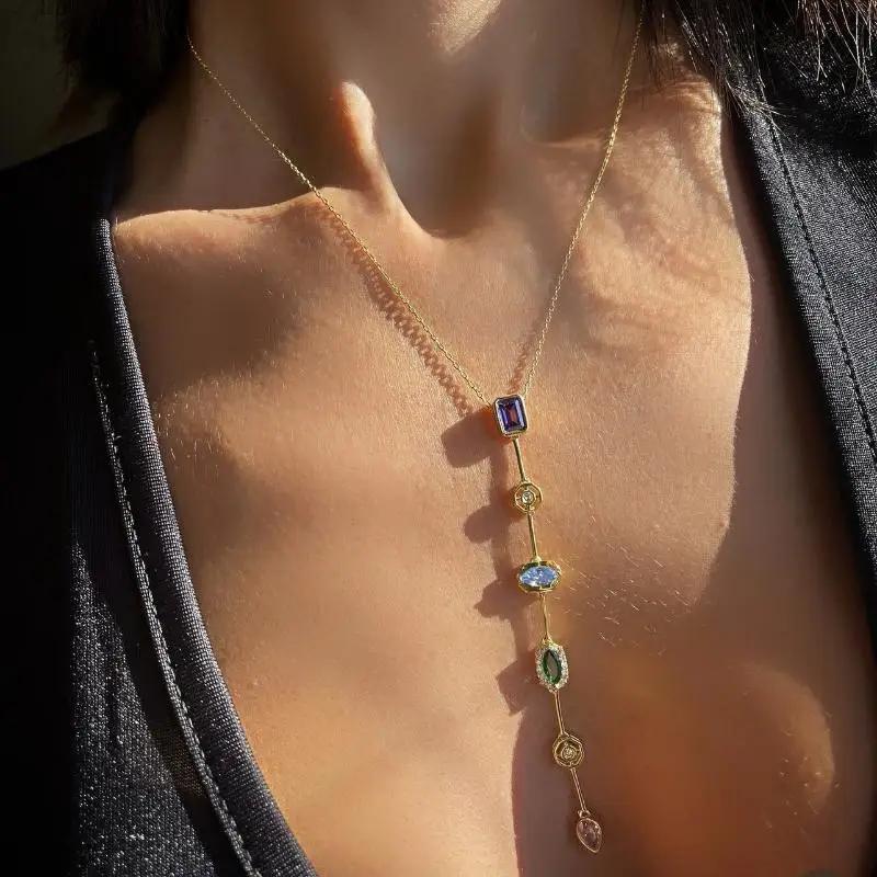 Retro Style Colorful Zircon Tassel Irregular Splicing Long Necklace Light Luxury Pendant Collarbone Chain For Women Jewelry