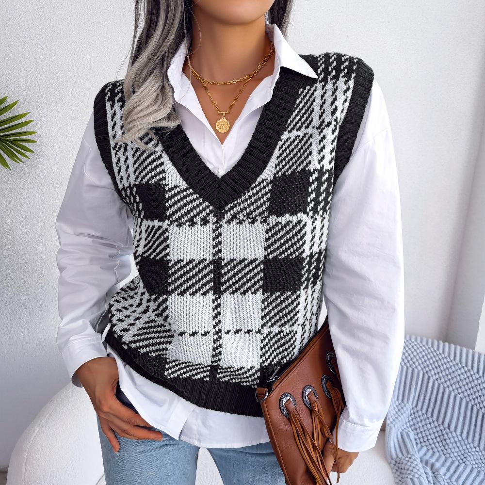 Women's Autumn and Winter Casual Contrast Plaid Knitted Tank Top Sweater Vest