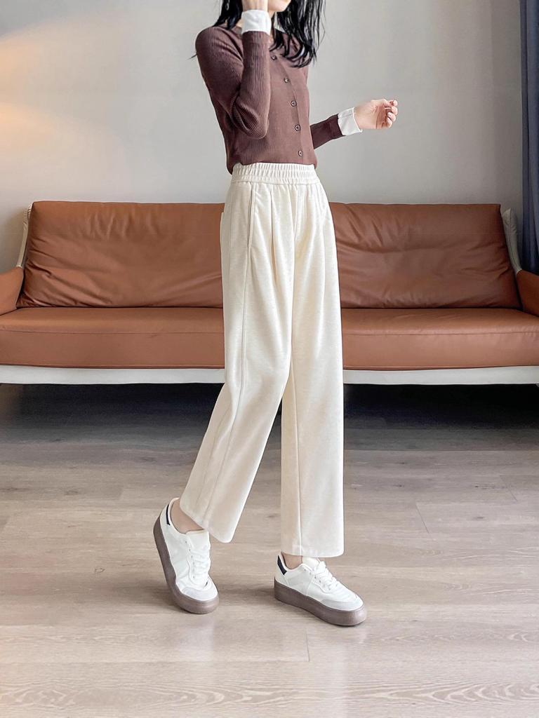 Pantalon d'automne pour femme, coupe ample amincissante, flanelle de laine - Acétate, jambe droite, style drapé