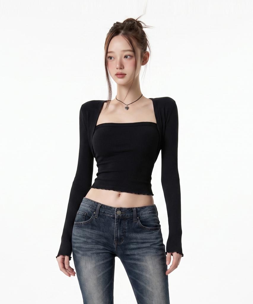 INMUDEU Zen Slim Fit Bolero Long Sleeve T-Shirt [Black]