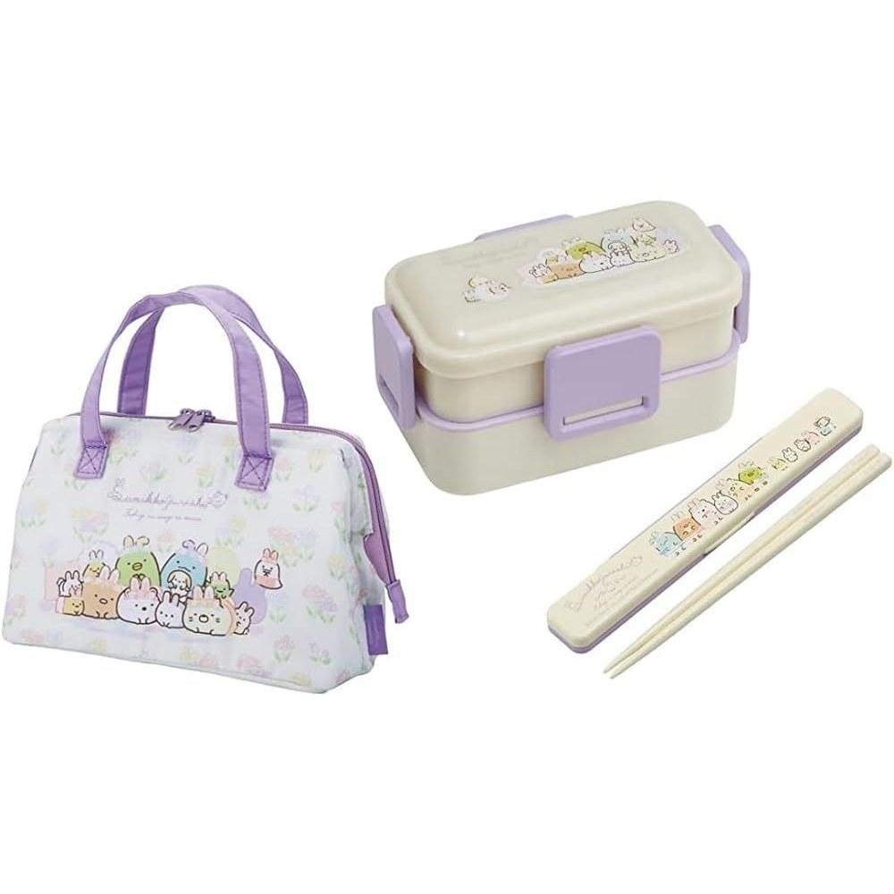 Skater Sumikkogurashi 23 Rabbits Garden Antibacterial Dishwasher Safe Soft Lunch Box 4-Point Lock 2-Tier 600ml Chopsticks Chopstick Case Set Insulated