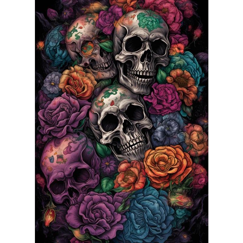 Skull and Rose Poster Abstract Horrible Full Skulls Canvas Painting Magic Wall Art for Living Room Home Decor Mural