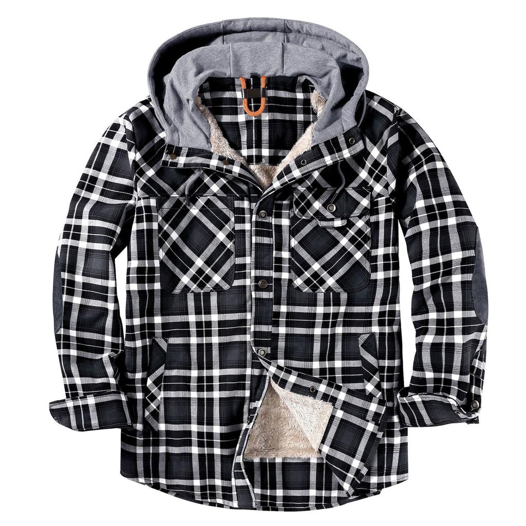 Men's Quilted Lined Button Down Plaid Shirt Add Velvet To Keep Warm Jacket With Hood