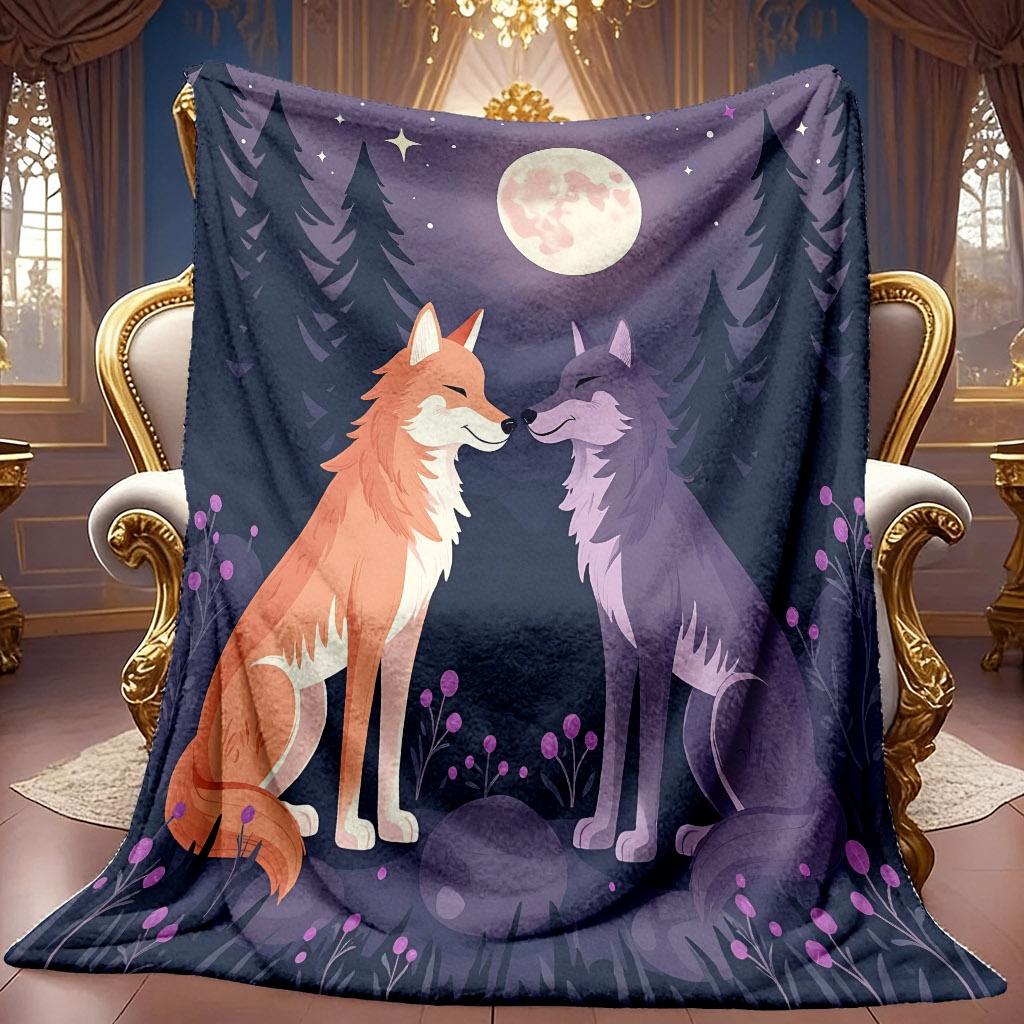 A 2D Moonlit Forest Two Animals Leaning on Each Other Themed Flannel Blanket, Soft High-Definition Digital Printing, Cooling Blanket Suitable for All