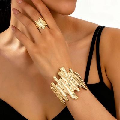 Minimalistyczny Metalowy Otwarty Pierścionek-Bransoleta Zestaw - Elegancka i Wszechstronna Biżuteria Fashion