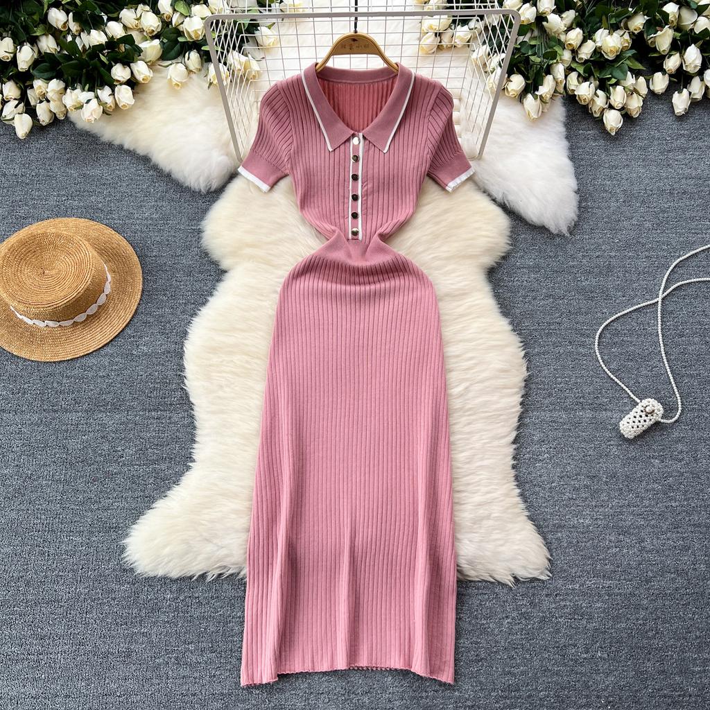 New Summer Women's Polo Knitted Dresses Colorblock Elegant Short Sleeve Buttons Bodycon Wrap Dress Female Dress