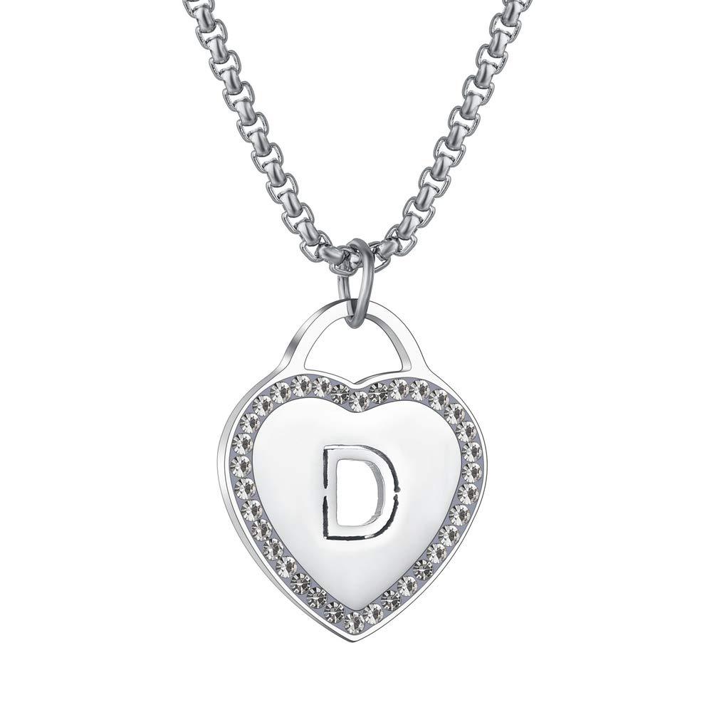 Women's Silver Initial Necklace Stainless Steel Love Heart Tiny Letter Necklace Personalized Name Jewelry for Girlfriend Gift 26 Alphabet Letters