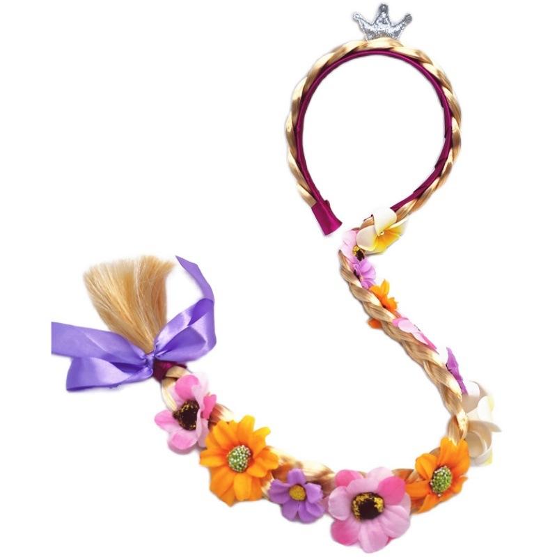 Mädchen Prinzessin Rapunzel Cosplay Kopfschmuck Kinder Lila Karneval Cos Blumen Stirnband Lange Geflochtene Florale Perücke Geburtstagsgeschenk