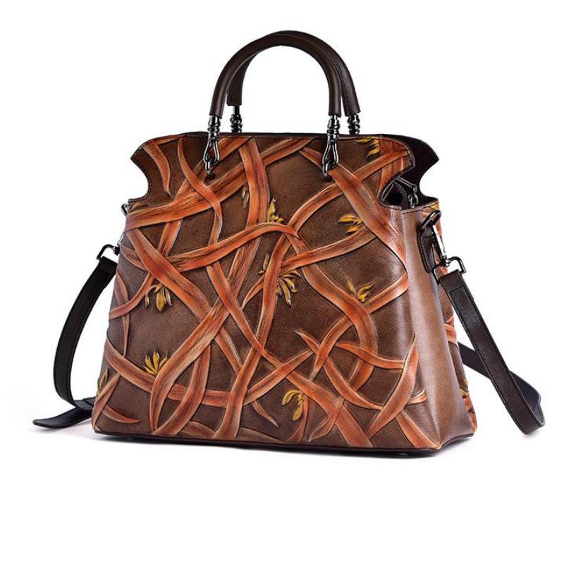 Johnature Luksus håndveske Damevesker Designer Retro Cow Leather Bag Håndlaget preget dame skuldervesker