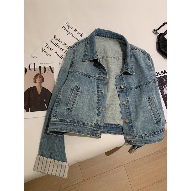Spring and Autumn New Plaid Splicing Sleeves Short Denim Jacket Women's Loose Casual Small Jacket Trend