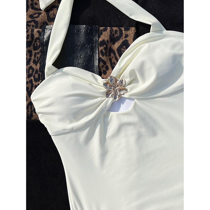 Halter Metal Flower High Cut Backless One Piece Swimsuit Women Swimwear Female Monokini Padded Bather Bathing Suit Swim
