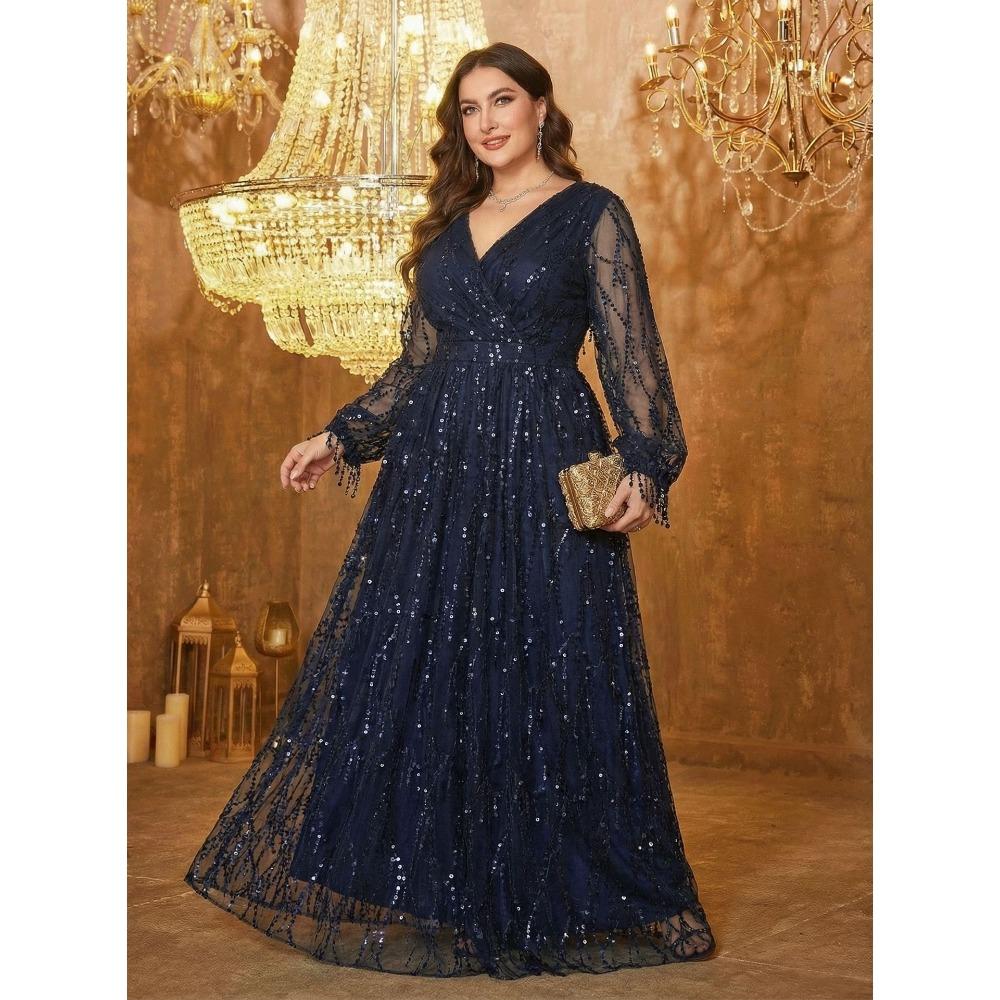 Plus Size Womens Elegant Sequined Bridesmaid Dress V-Neck Long Sleeve Slit Fitted Temperament Wedding Party Dress