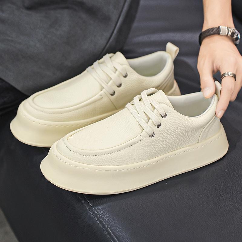 Beige Leather Casual Shoes Men Lace-up Platform Loafers for Men Classic Comfort Men's Driving Shoes Light chaussures homme cuir