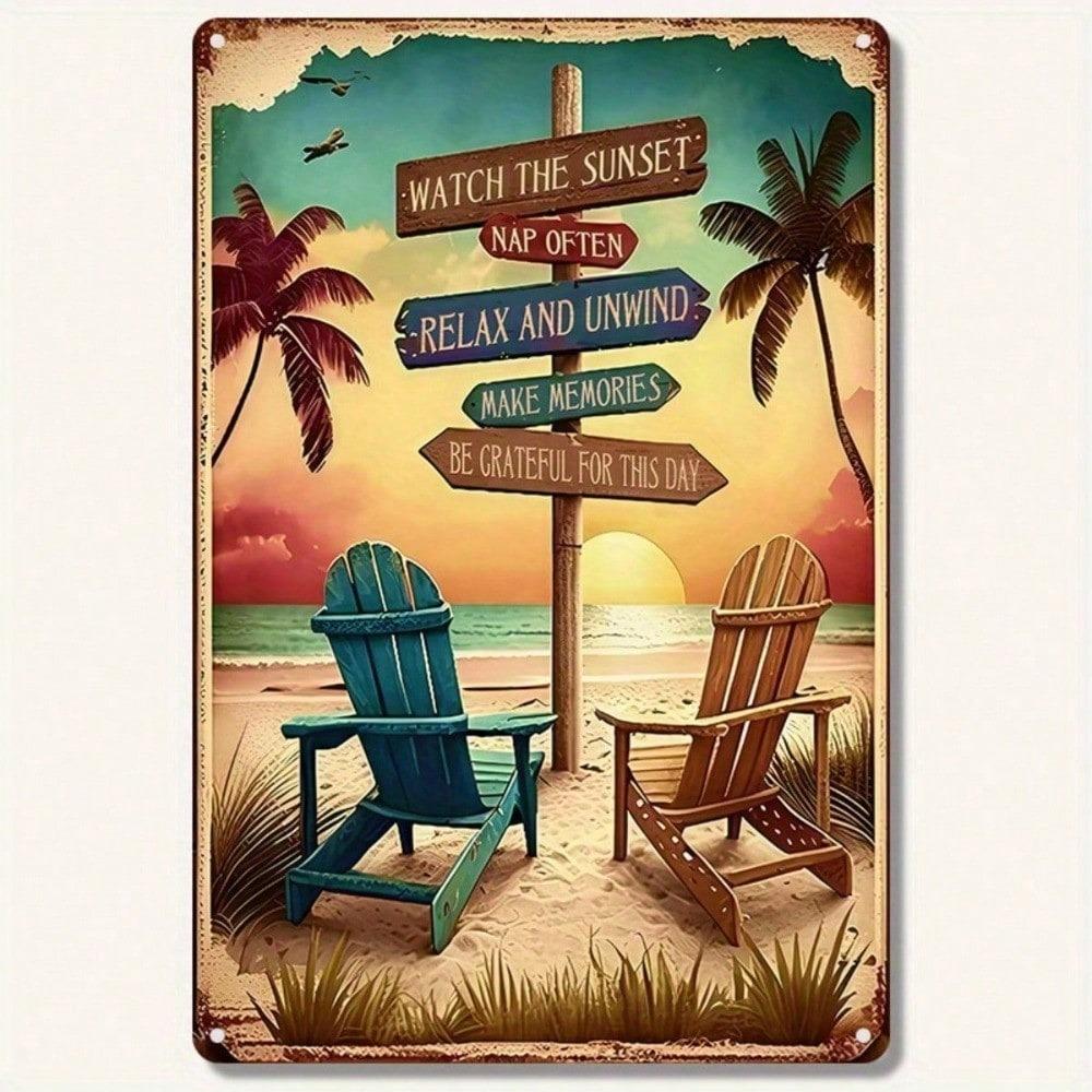 1PC Beach Sunset Tin Sign 8x12 Inch, Vintage Nautical Wall Art, Relax Ocean Breeze Metal Decor, Retro Seaside Retreat