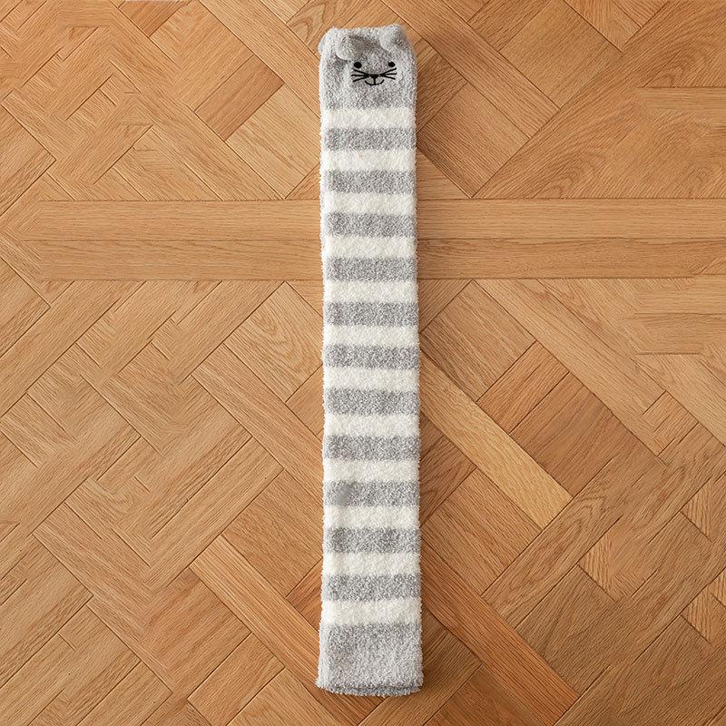 Thick Coral Fleece Knee-High Socks - Warm, No-Pill, Embroidered Cartoon Floor Socks