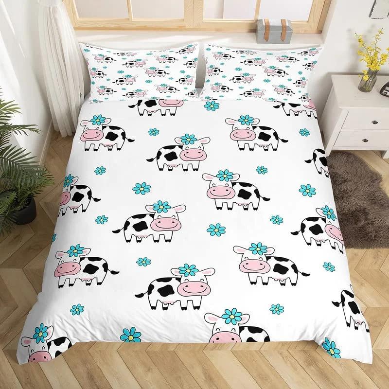 Comforter Cute Cartoon Cows Twin King Farm Animal Bedding Set Microfiber Botanical Floral Comforter For Boys Girls