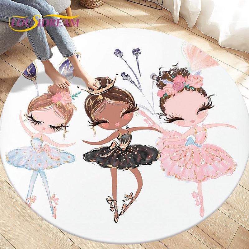 Cute Ballet Girl Ballerina Cartoon Round Area Rug,Carpet for Living Room Bedroom Sofa Playroom Decor,kid Play Non-slip Floor Mat