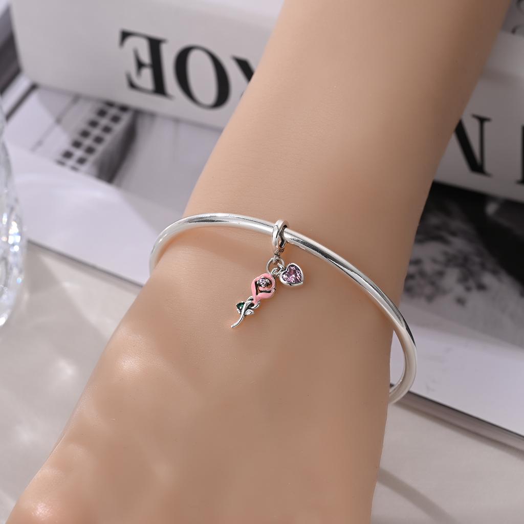 Original Copper Charms Luxury Pink Rose Pendant Plant Beads Fit Bracelet Diy Women Making Delicate Gift