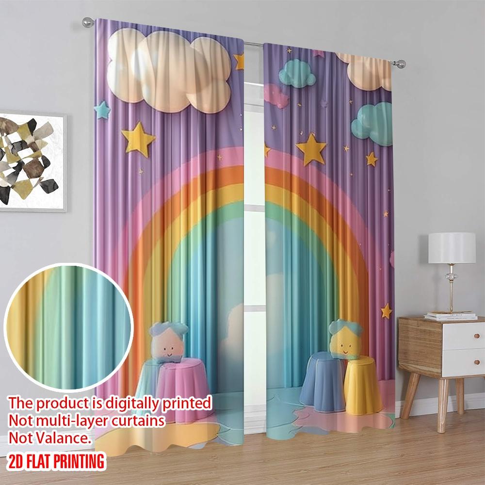 2pcs Window Treatment Curtains Rainbow Clouds And Stars Polyester Perfect for Holiday Decor