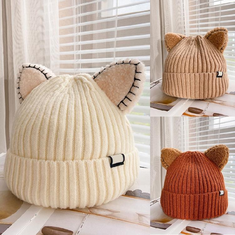 Kawaii for Cat Ears Hats Cute Cap Solid Color Hat Wool Knit Hat Earprotect All-m