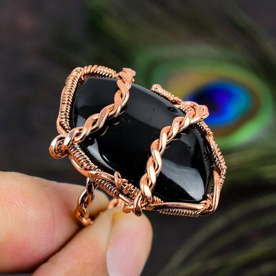 Natural Black Onyx Gemstone Handmade Copper Wire Wrap Gift Ring Size 8 E1a54