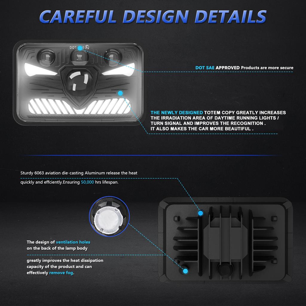 4x6 LED Headlights 5inch Square LED Headlamp 1Pair with Daytime Running Lights Turn Signal Light