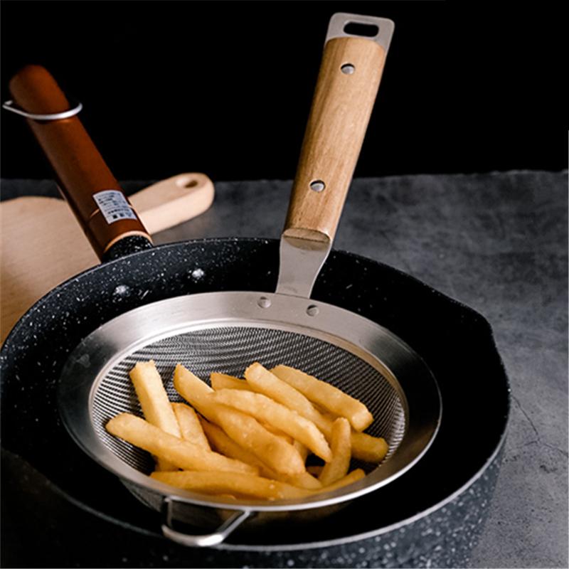 Stainless Steel Strainer Colander Wooden Handle Fine Mesh Skimmer Frying Food Scoop Oil Filter Household Kitchen Utensils